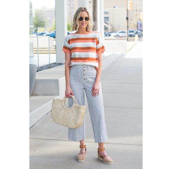 Madewell Light Knit Boxy Short Sleeve Cropped Sweater Top Amber Clay Stripe XXS - Picture 4 of 6